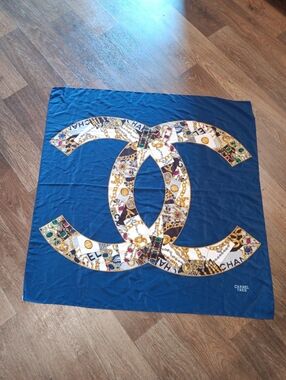 Vintage 90s Chanel Blue Silk Logo Scarf Authentic &  Chanel Scarf
